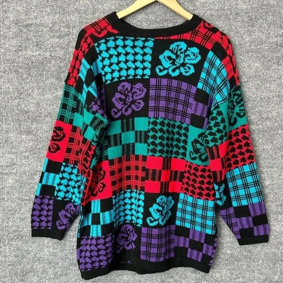 Vintage 80s Patchwork Sweater Womens M/L Colorful Relaxed Long Knit Pullover Top - Picture 5 of 15